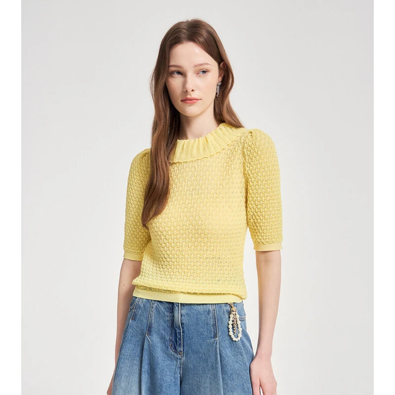 

Ele Sweet MICOAT Knitted Sweater Women's Sle Bubble oulder Hollow out Neline Cap Sve Summer Faion 2 Colors