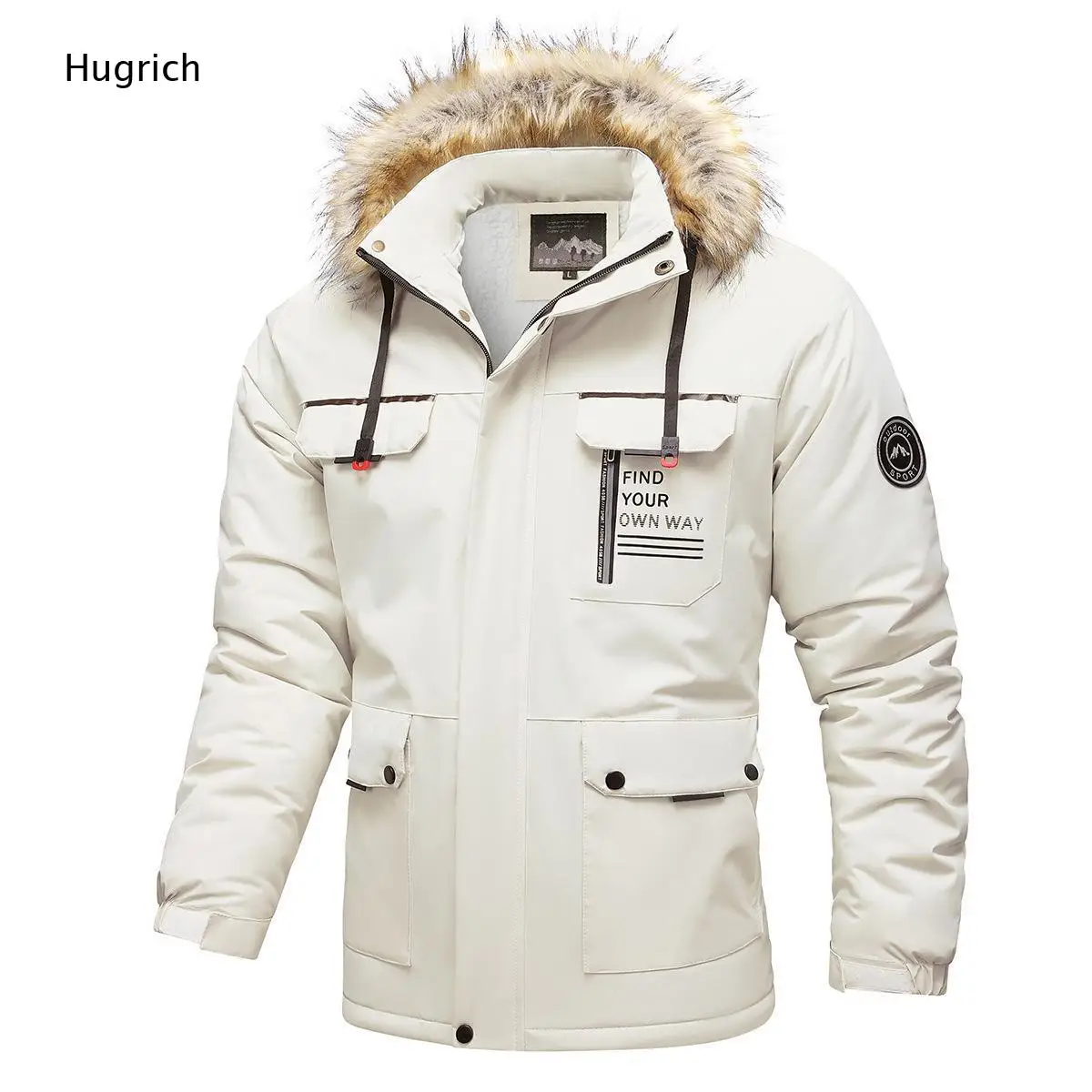White Faux Fur Hood Sherpa Lined Thermal Parka Jacket Men Winter Ski Camping Multi Pocket Windproof Thick Snow Coat