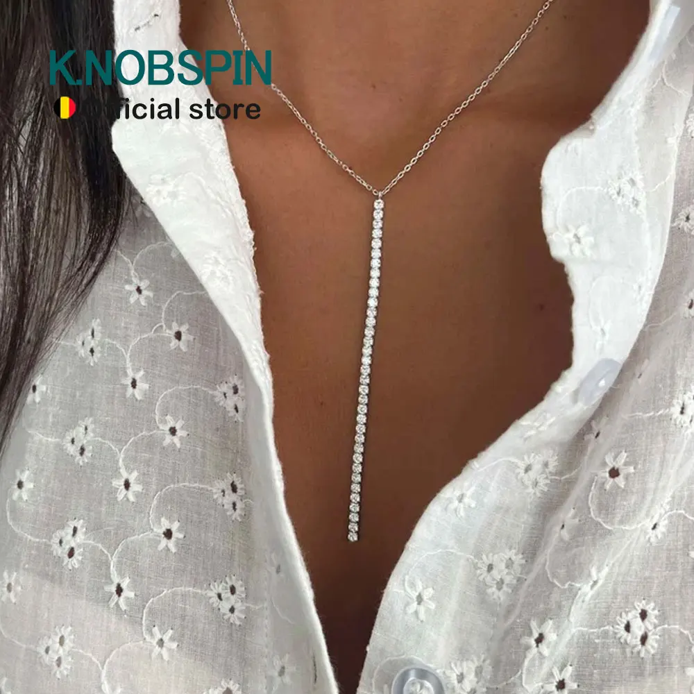 

KNOBSPIN 2mm Moissanite Necklaces for Women Long Bar Line Pendant Drop Y Chain Dainty Jewelry GRA s925 Sterling Silver Necklace