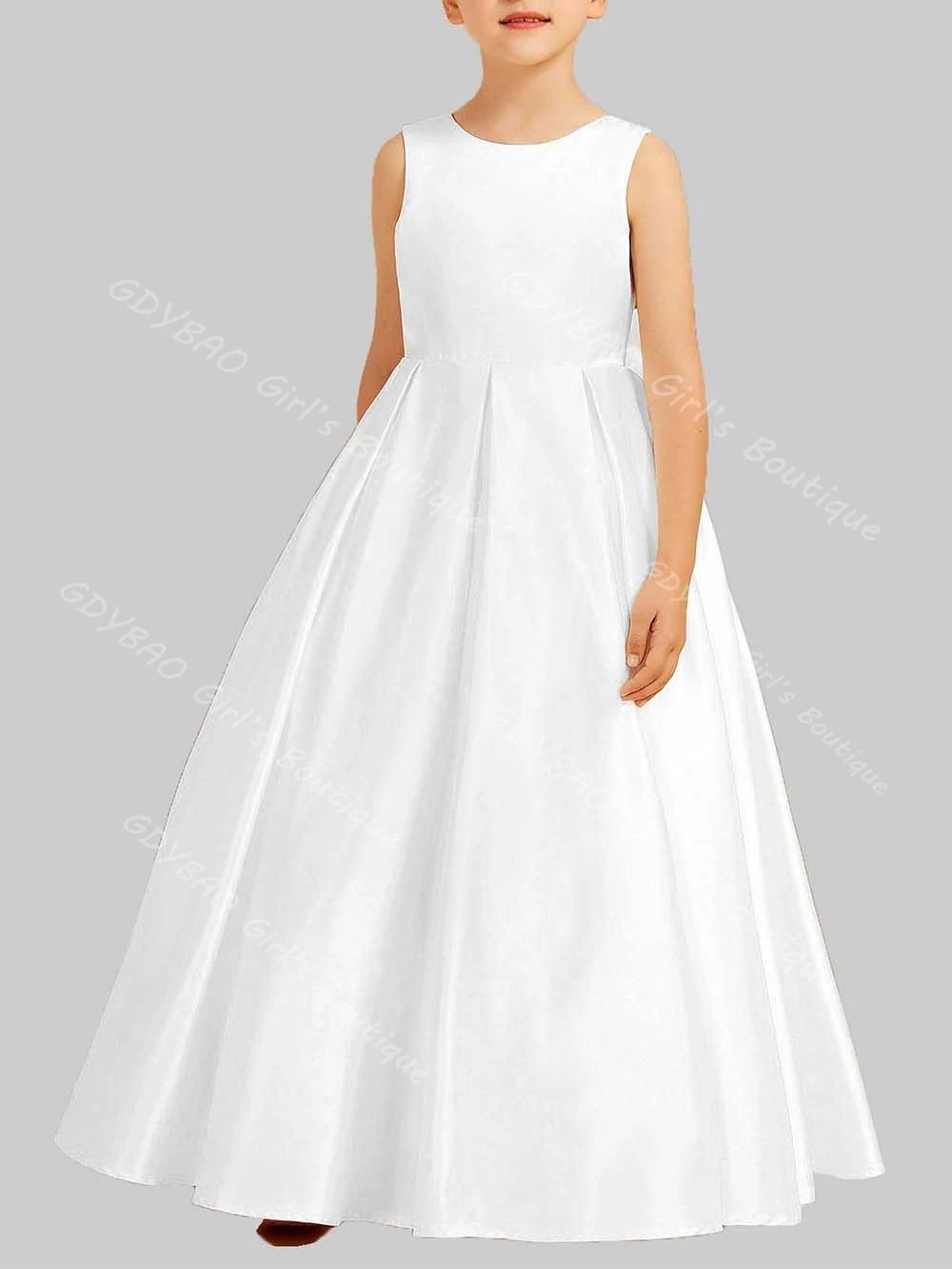 사용자 정의 공주 꽃 소녀 드레스 새틴 활 쉬어 백 민소매 성찬식 드레스 키즈 발목 길이 웨딩 파티 가운
