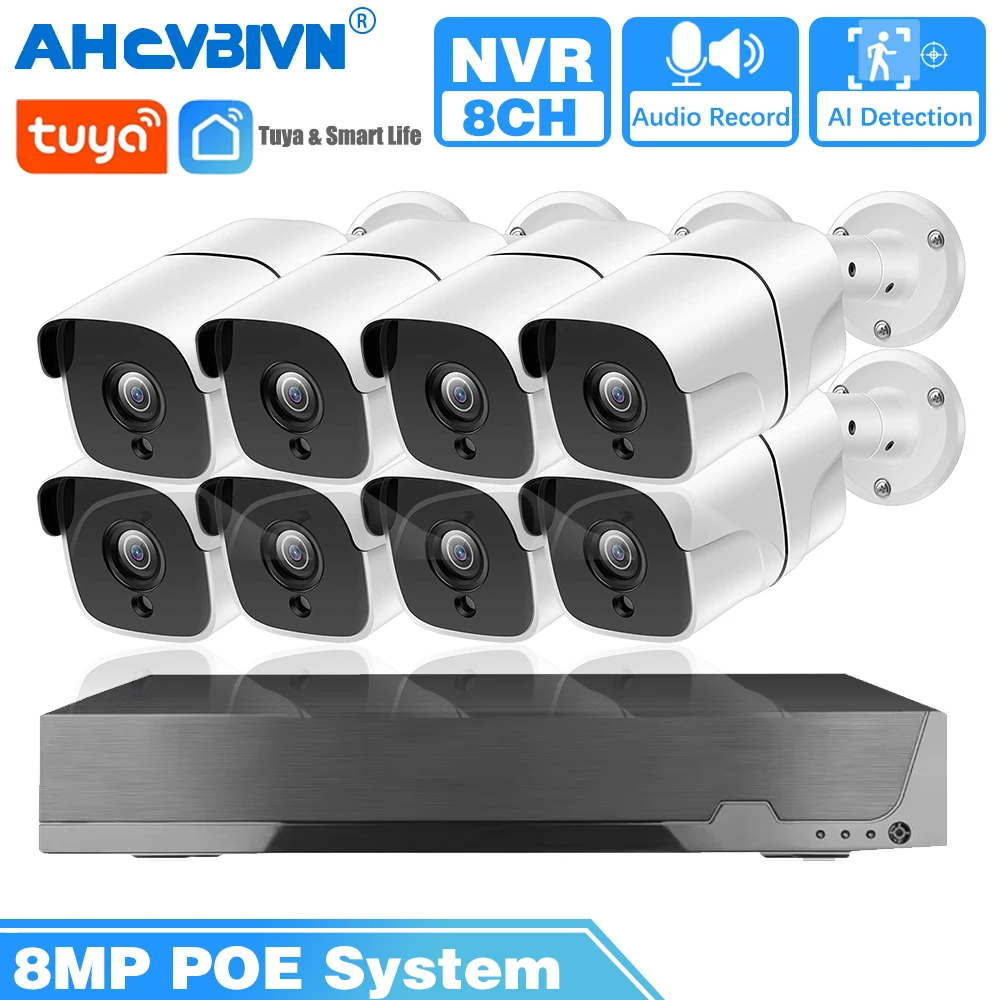 

4K 8MP HD Video Surveillance System H.265 8CH POE Tuya NVR Kit Security CCTV Outdoor POE IP Cameras System With Motion Detection