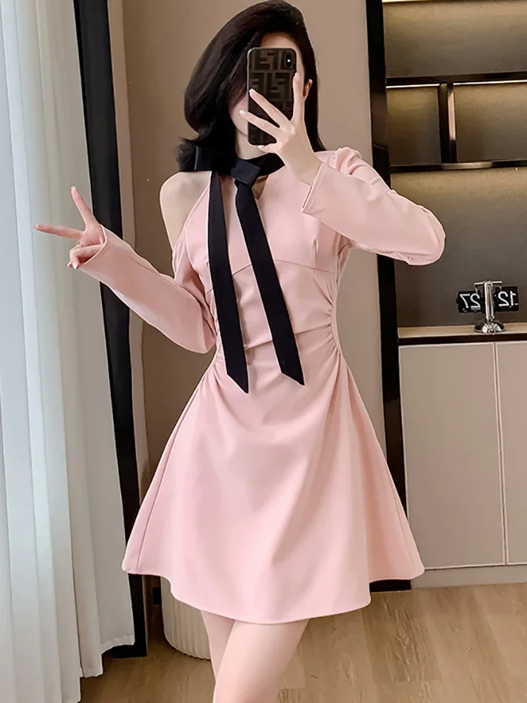 Spring Autumn Pink Pleated Bodycon Off Shoulder Dress Women Elegant Chic Bow Collar Prom Dress 2024 Korean Fashion Holiday Dress