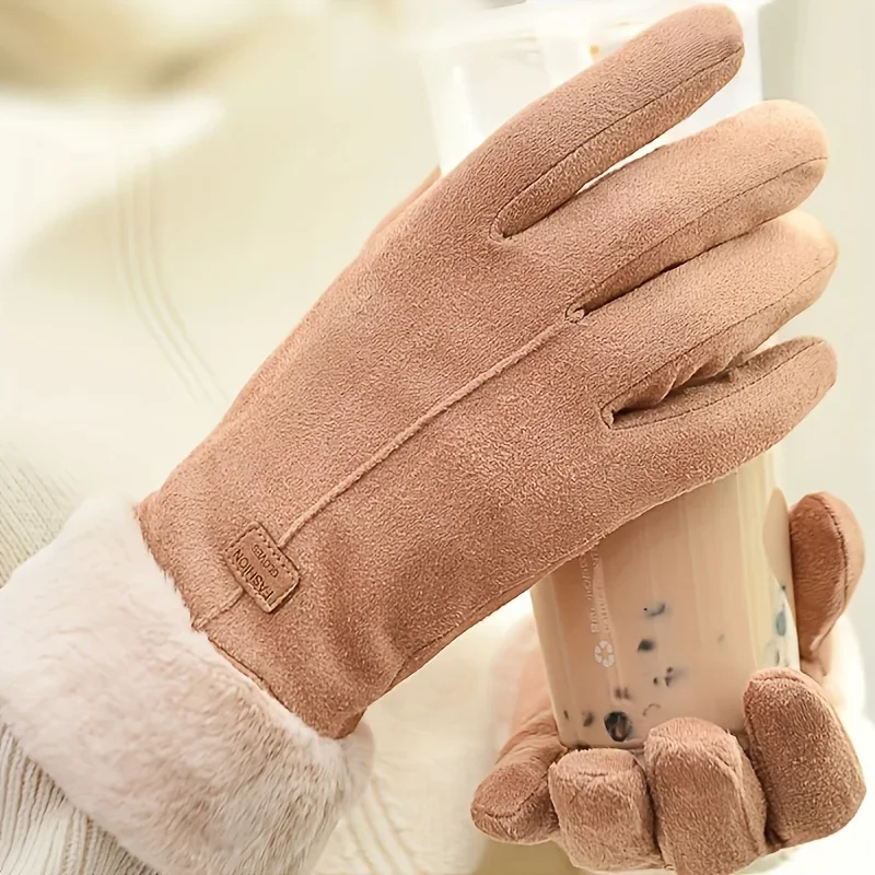 1pair Outdoor Warm Gloves for Girls Winter Cycling with Snow Plush Windproof Touch Screen Casual Double-layer Thick Gloves