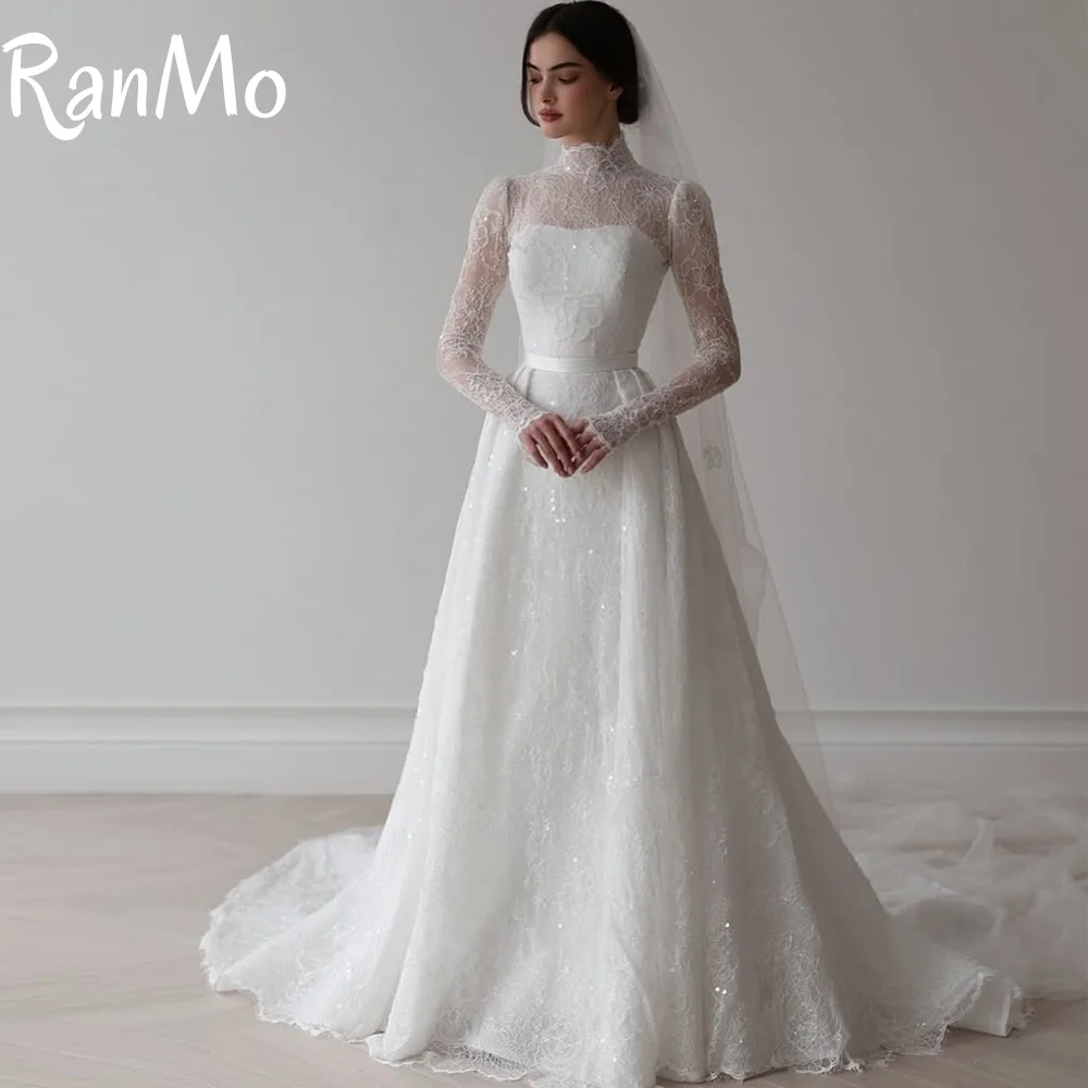 Ranmo 2025 Luxury New Beads Lace A-line Wedding Dresses Long Sleeve  High Neck White Bridal Gowns vestidos de novia Customized