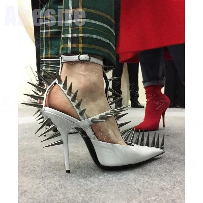 

Red Pointed Toe Silver Spikes Hollow Design Pumps Slip On Women Shoes Thin High Heels Sexy Party Runway 2025 Zapatos Para Mujere
