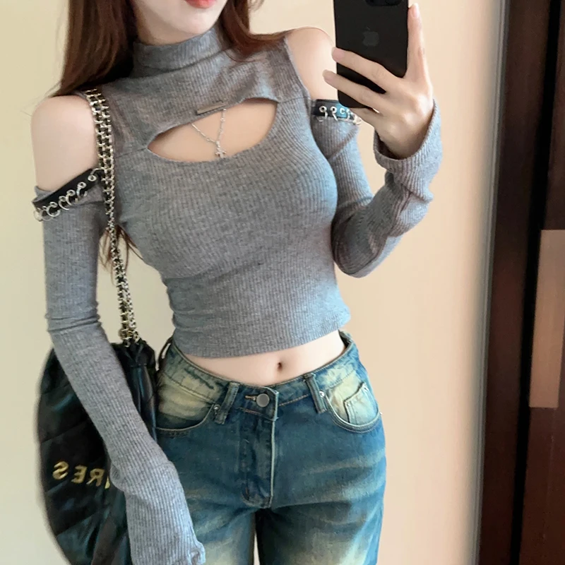 فاسق تي شيرتات طويلة الأكمام للنساء مثير الجوف خارج خارج الكتف المحاصيل القمم موضة الأمريكية كول الشارع الشهير Hotsweet الفتيات تيز