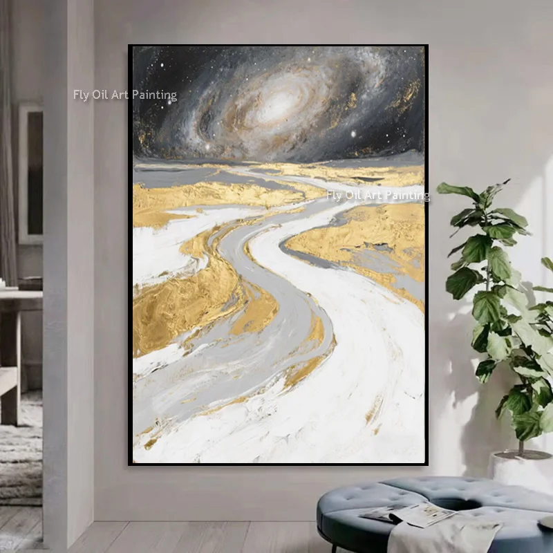 

Серая и золотисто-желтая абстрактная картина на холсте, простая черная, серая картина маслом Вселенной, новый оригинальный настенный художественный декор для дома