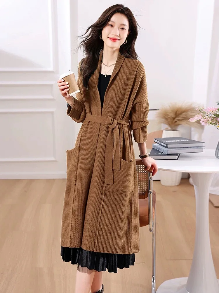 

Корейская мода, осень-зима, однотонные праздничные вязаные топы с длинными рукавами, женский бандажный кардиган, свитер, пальто, повседневное простота