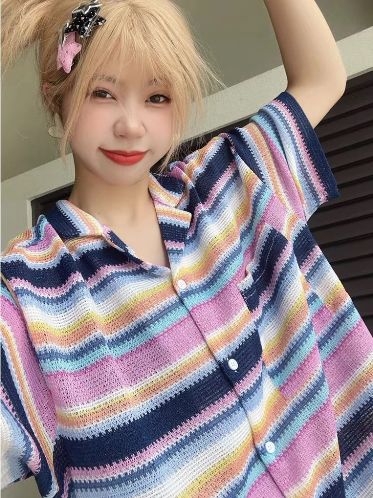 

Knitted Shirts Women Loose Ulzzang Striped Unisex Summer Vintage Streetwear Couple Y2k Harajuku All-match Soft Leisure Camisas