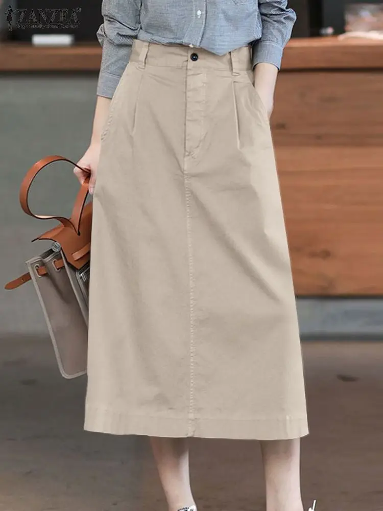 

ZANZEA Elegant OL Work Skirt Summer Women High Waist Solid Midi Skirt Party Sundress Faldas Saia Casual A-line Loose Vestidos