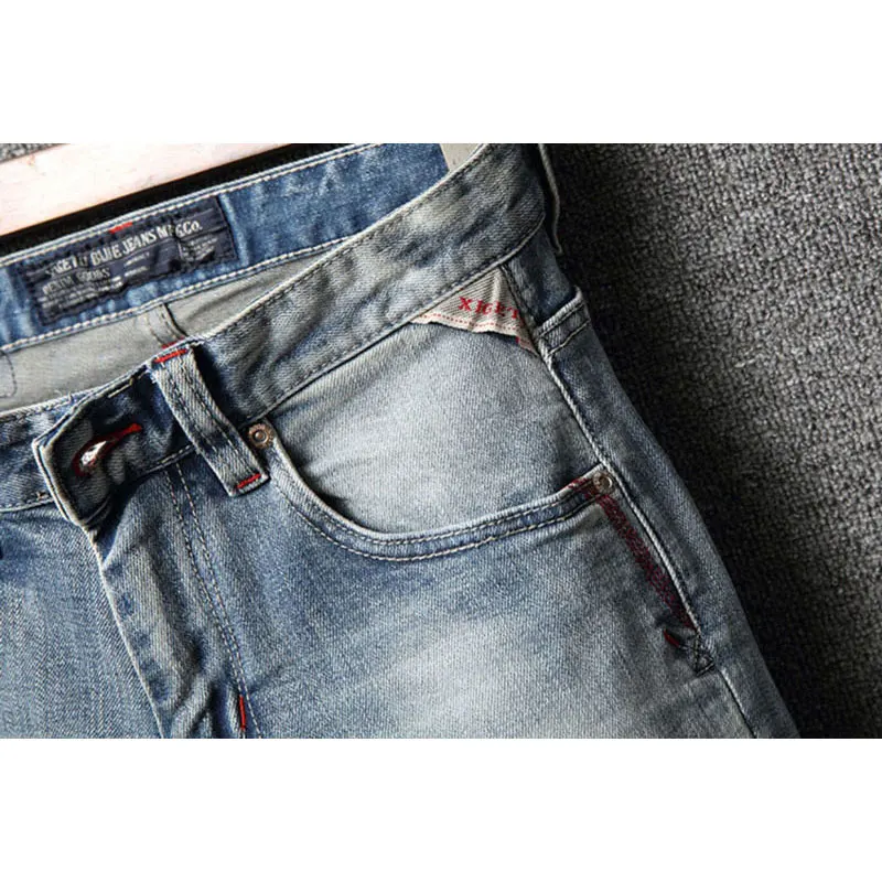 Street Fashion Men Jeans Retro Light Blue Stretch Slim Fit Ripped Jeans Men Patched Designer Embroidery Vintage Denim Pants