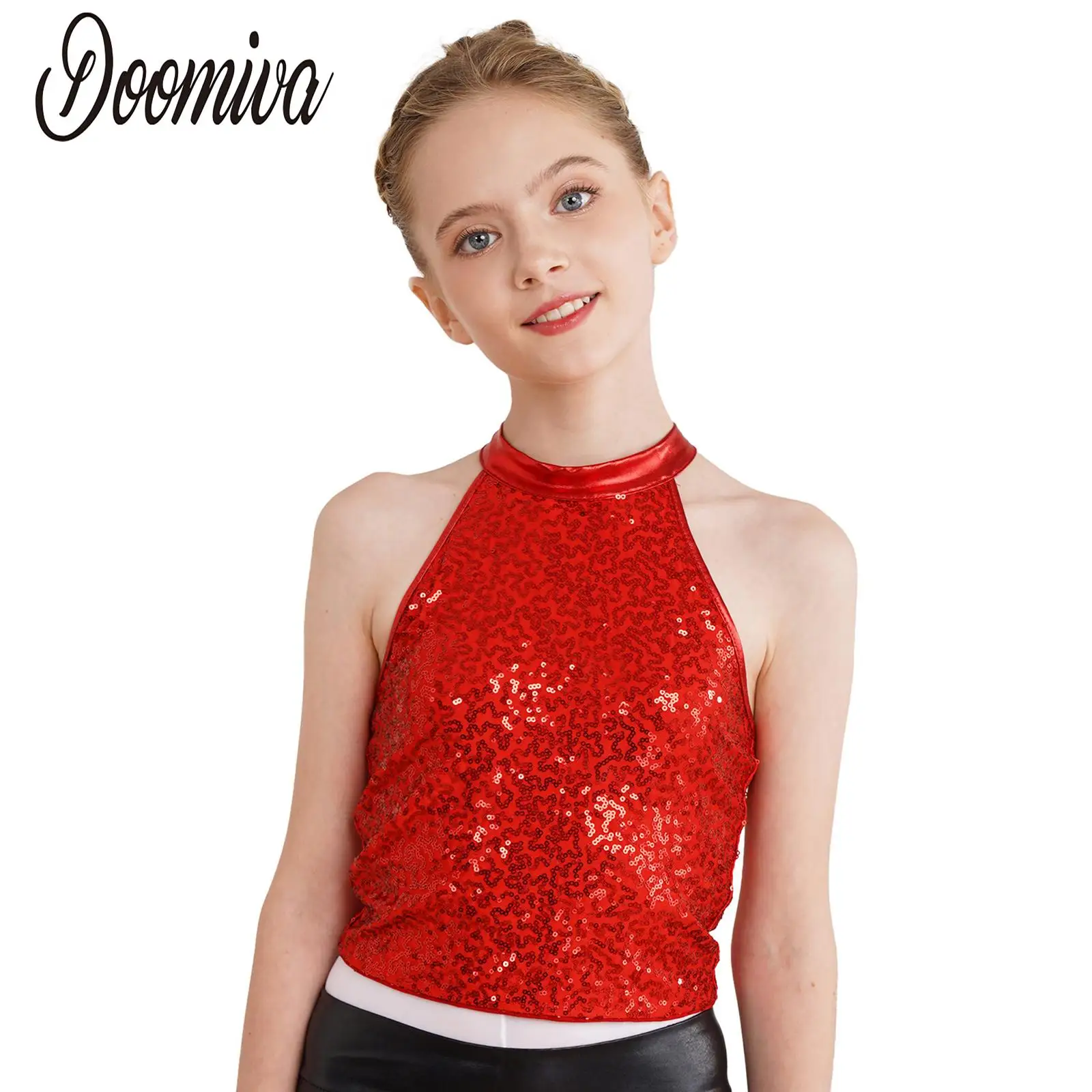 

Kids Girls Sequin Jazz Latin Ballroom Dance Vest Crop Tops Shiny Cheerleading Halter Sleeveless Backless Camisole Dancewear