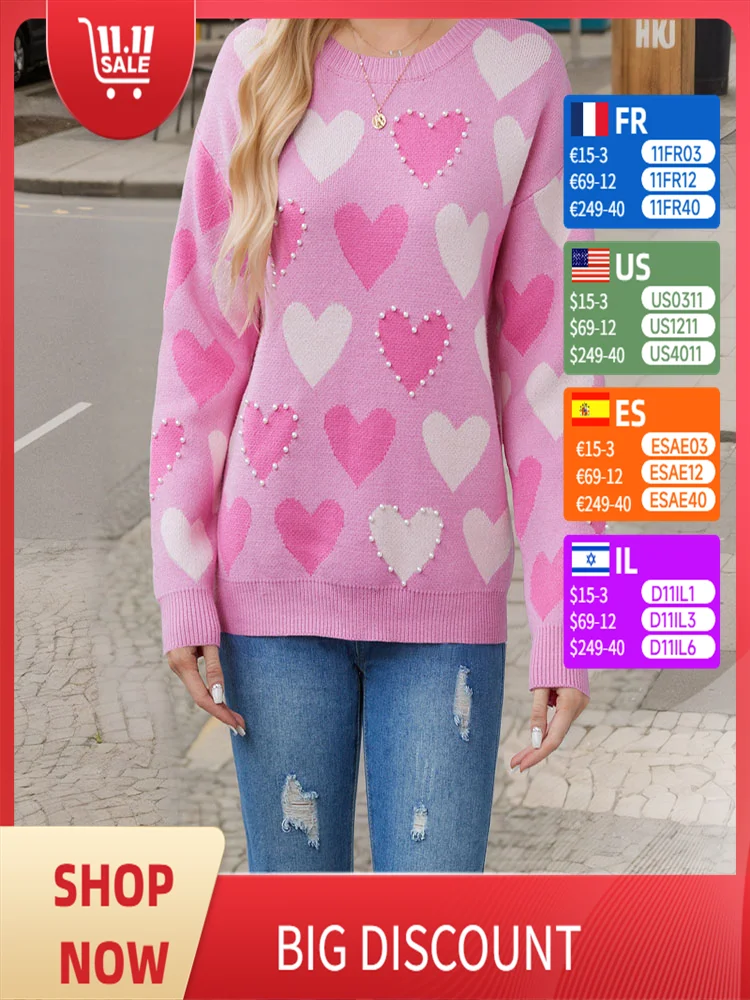 

Fall/Winter 2024 Women's Casual Loose Crew Neck Handmade Beaded Love Peach Cherry Print Valentine's Day Pullover Knit New Style