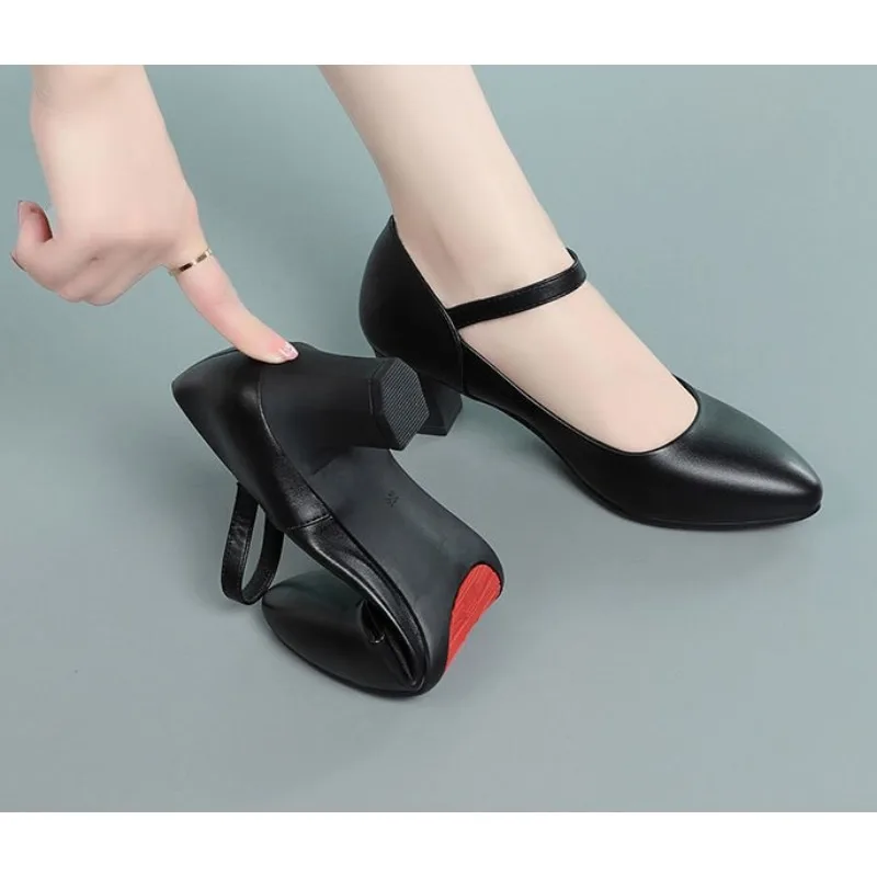 Women Pumps Fashion Sweet Red Comfort Buckle Strap Square Heel Lady Casual Basic Black Pu Leather Office Work High Heels Shoes