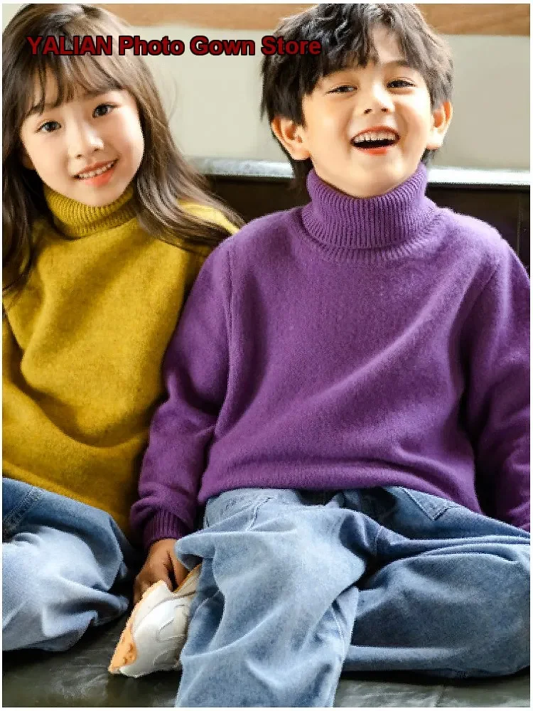 Boys Girls Turtleneck Sweater Kids Autumn Winter Cashmere Knit Top Solid Color Thickened Warm Infant High Neck