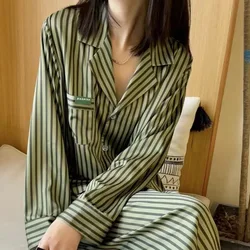 Women's Pajamas Sets Spring Autumn 2 Piece Striped Print Pyjama Faux Silk Satin Sleepwear Long Sleeve Pijama Mujer Pjs Homewear