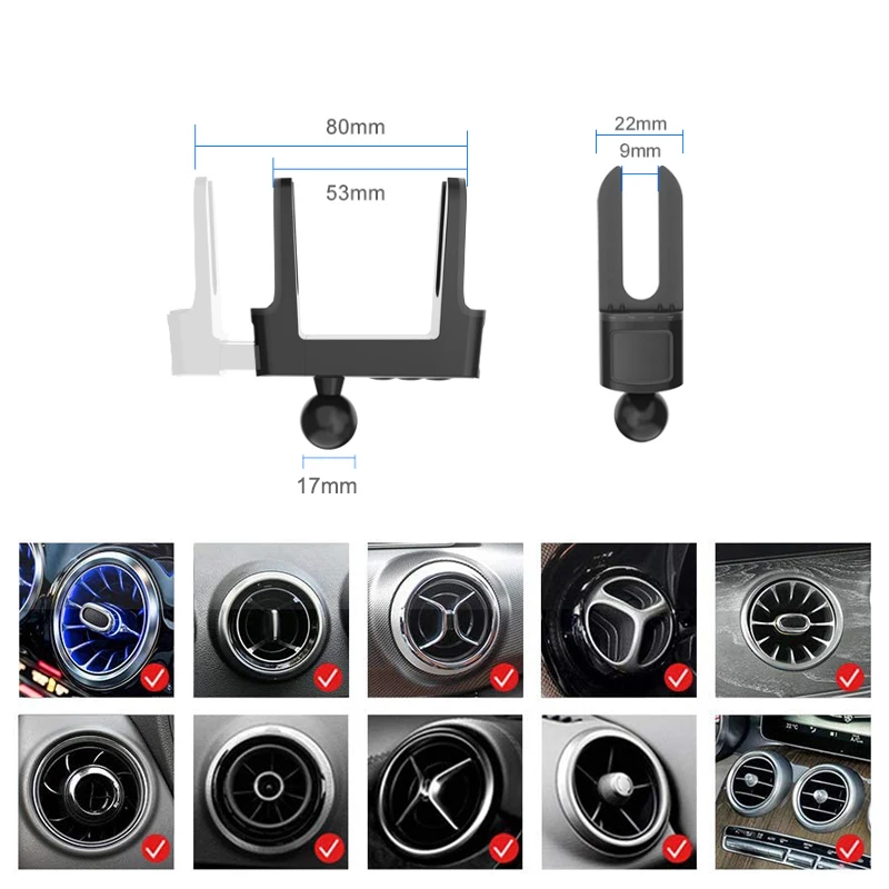 IBudim 범용 자동차 환기구 클립 마운트, 자동차 둥근 공기 배출구 휴대폰 홀더, 메르세데스 벤츠용 GPS 브래킷, 17mm 볼 헤드
