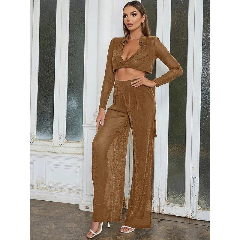 MSMUSI 2025 New Fashion Women Sexy Slim Two Piece Set Bodycon Party Lapel V Neck Long Sleeve Top Lace Up Slit Long Pant Set Suit