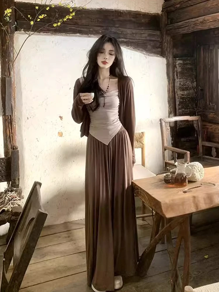 Coreano Sle Lazy Tee-Piece Set da donna Primavera 2025 ort Cardigan aperto Gilet asimmetrico Pantaloni a gamba larga Faion Set