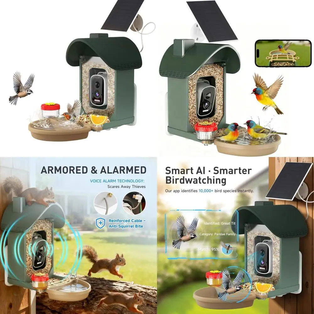

Умная кормушка для птиц с HD-камерой 2.5K, ночным видением, идентификацией видов, встроенным аккумулятором и набором для купания птиц, цвет: шалфейно-зеленый