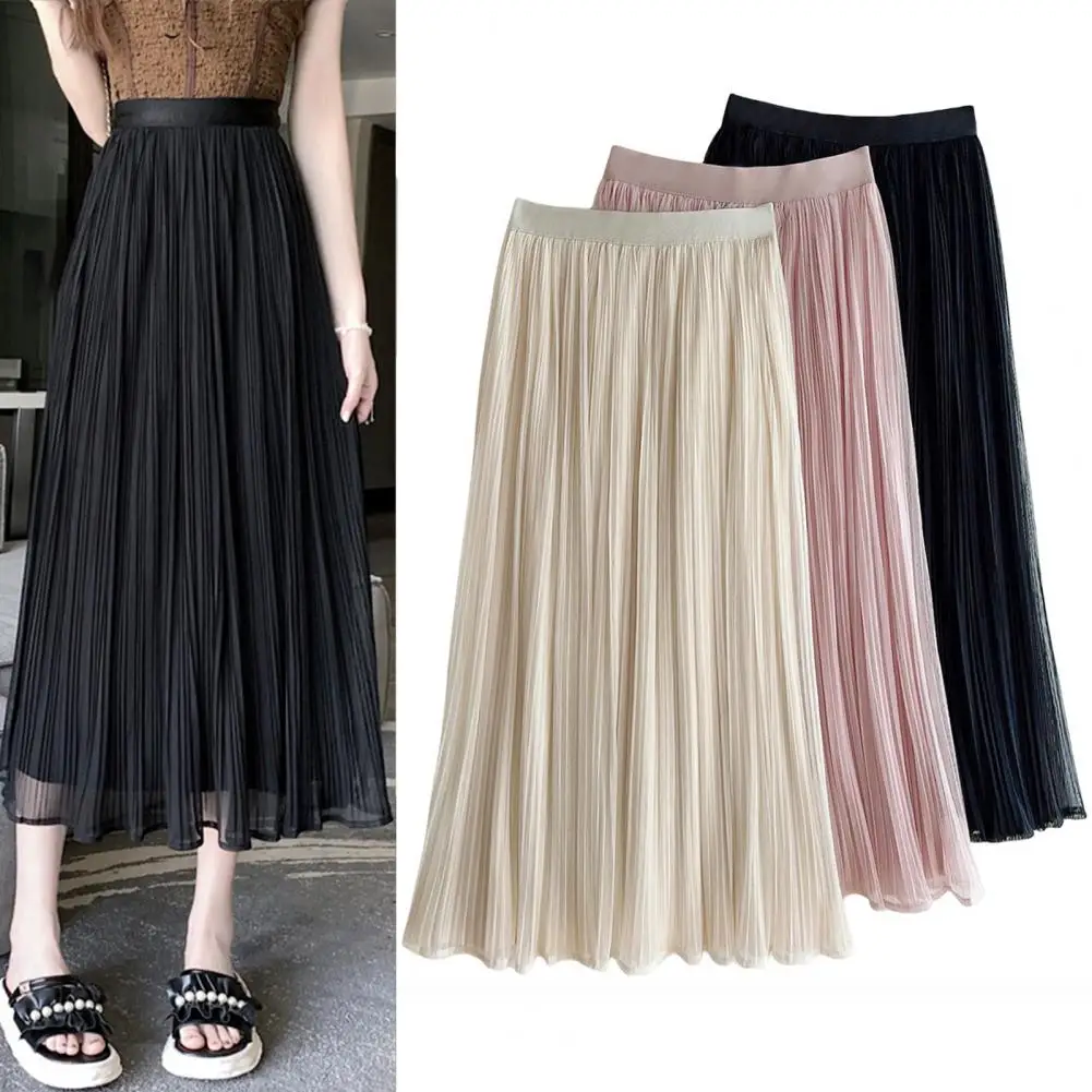 

Versatile Skirt Elegant Women's Pleated Skirt Collection Elastic Waistband Midi Skirt Slimming A-line Solid Color for Daily