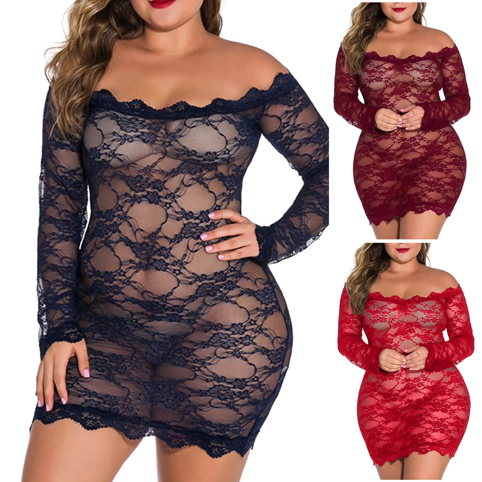 Pigiama sexy con spalle scoperte Moda donna Taglie forti Intimo Lingerie di pizzo Tuta Intimo Pigiama Set Camicia da notte erotica