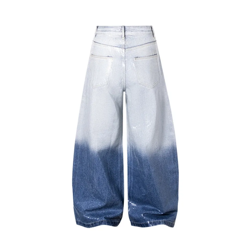 Early Autumn Retro Denim Pants Mens High Waist Slimming Hot Stamping Diamond Gradually Changing Color Loose Wide Leg Jeans