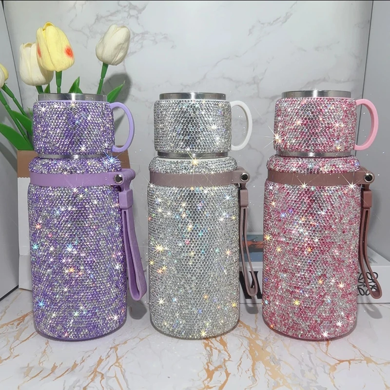 600ml Stainless Steel Thermos Portable Vacuum Flask Bling Diamond Thermo Bottle with Rope Insulated Tumble Thermo Water Bottle
