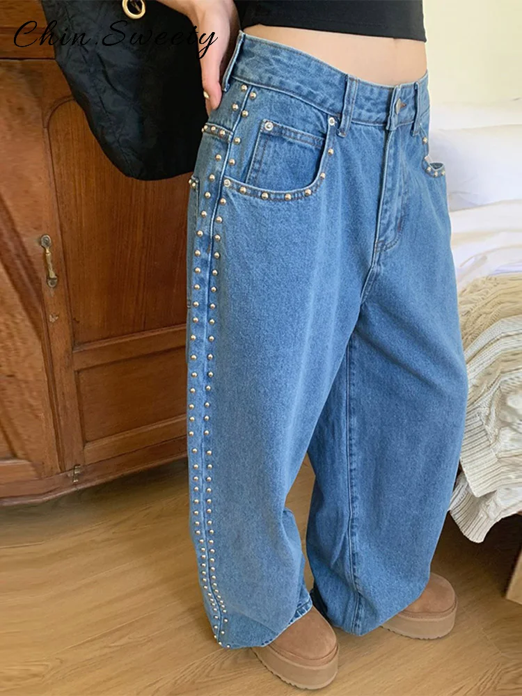 

Fashion Pockets Rivet Denim Trousers Women Loose Solid Low Waist Wide Leg Pants 2025 Spring Summer Lady High Street Pant New