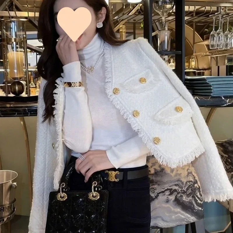 Xiaoxiangfeng jacket 2024 spring and autumn new light luxury high-end tweed French foreign style white short top women