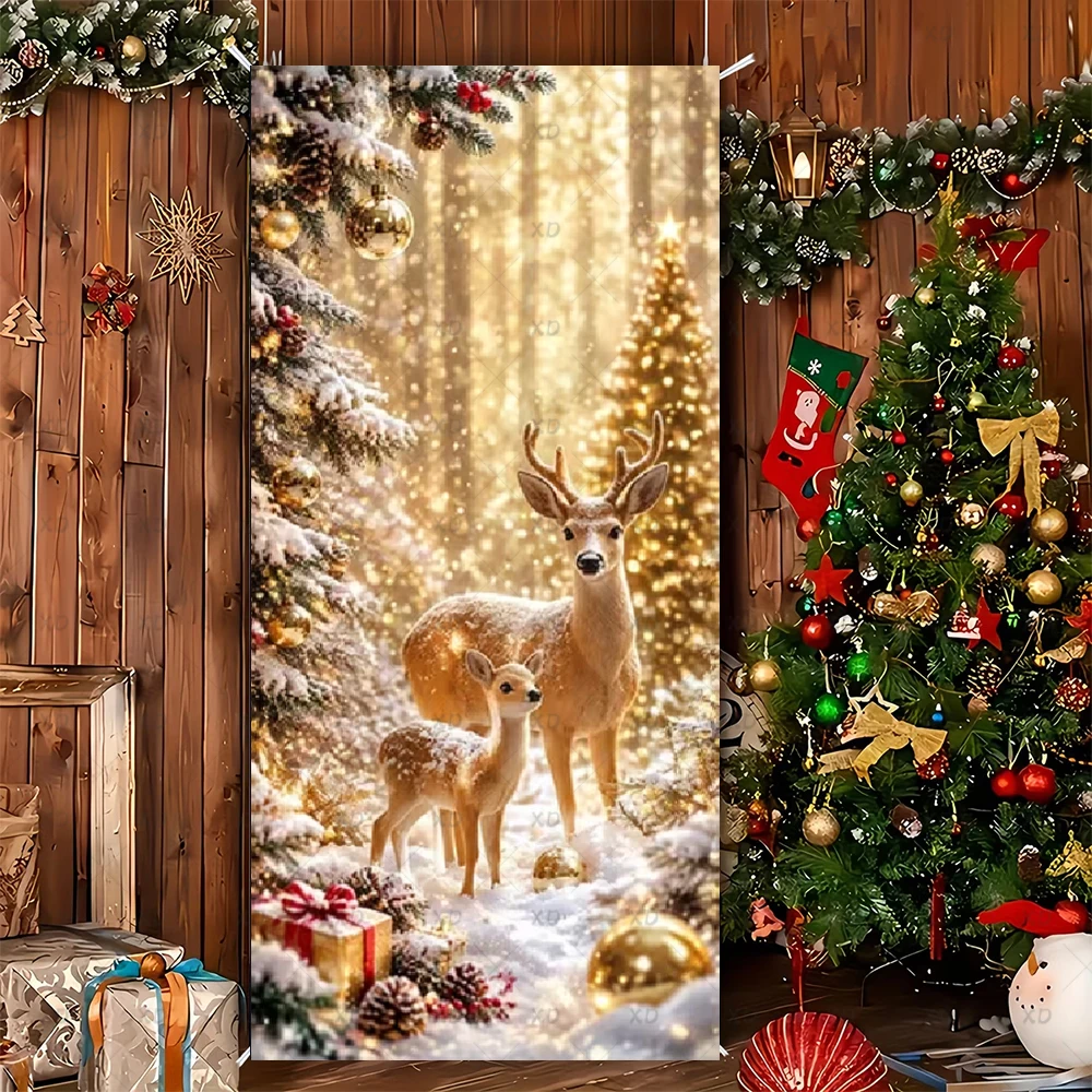 Gold Christmas Door Cover Banner Xmas Ornament Reindeer Snowflake Door Hanging Cloth Winter Holiday New Year Front Door Backdrop