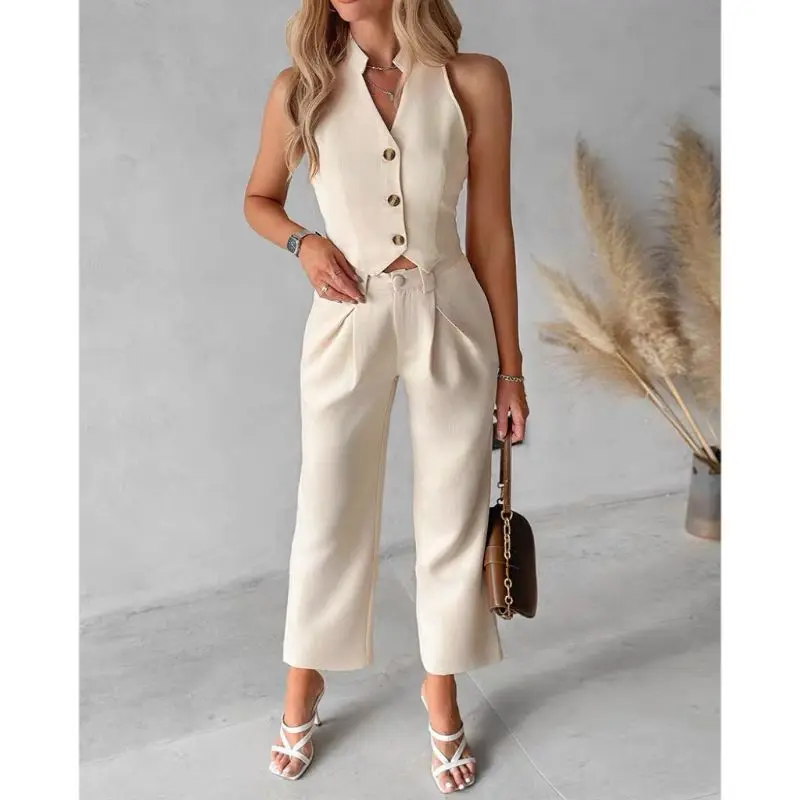 Summer New Solid Color Sleeveless Waistcoat Women Suit Fashion Slim Short Jacket Simple Elegant Female Office Pants 2 Piece Set