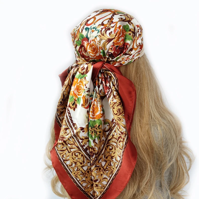 90*90cm Silk Scarf Women Print Hair Neck Square Office Ladies Shawl Bandanna Muslim Hijab Handkerchief Muffler Foulard female