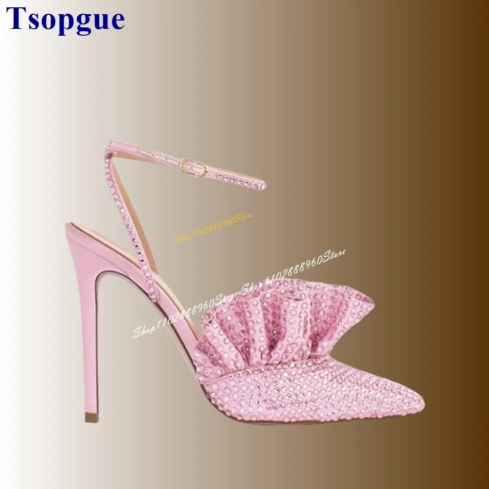 

Cut Heel Pink Crystal Ruffles Decor Sandals Thin High Heel Women Shoes Ankle Buckle Strap Pointed Toe 2024 Zapatos Para Mujere