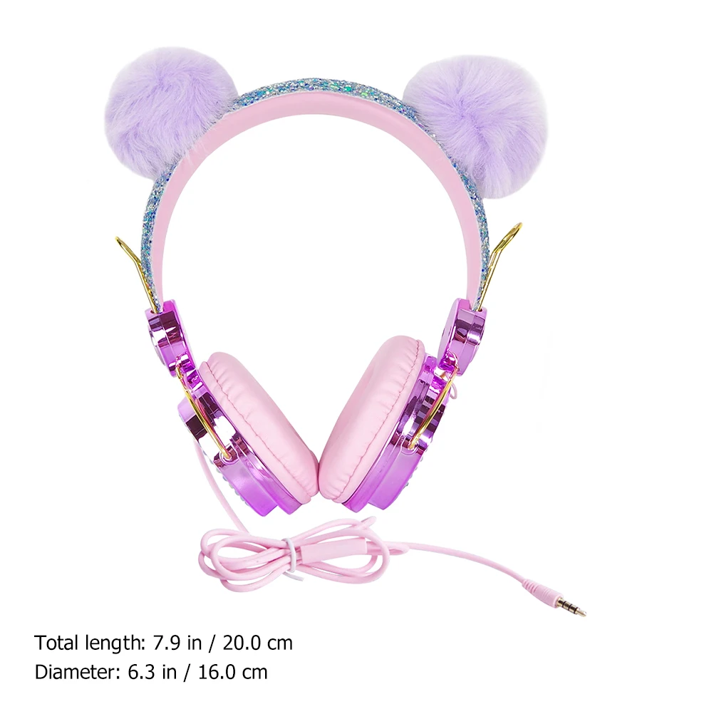 

Kids Headphones Furry Ball Rhinestone Glitter 3.5Mm Plug Adjustable Headband 85Db Volume On Ear Headset For Travel Microphone