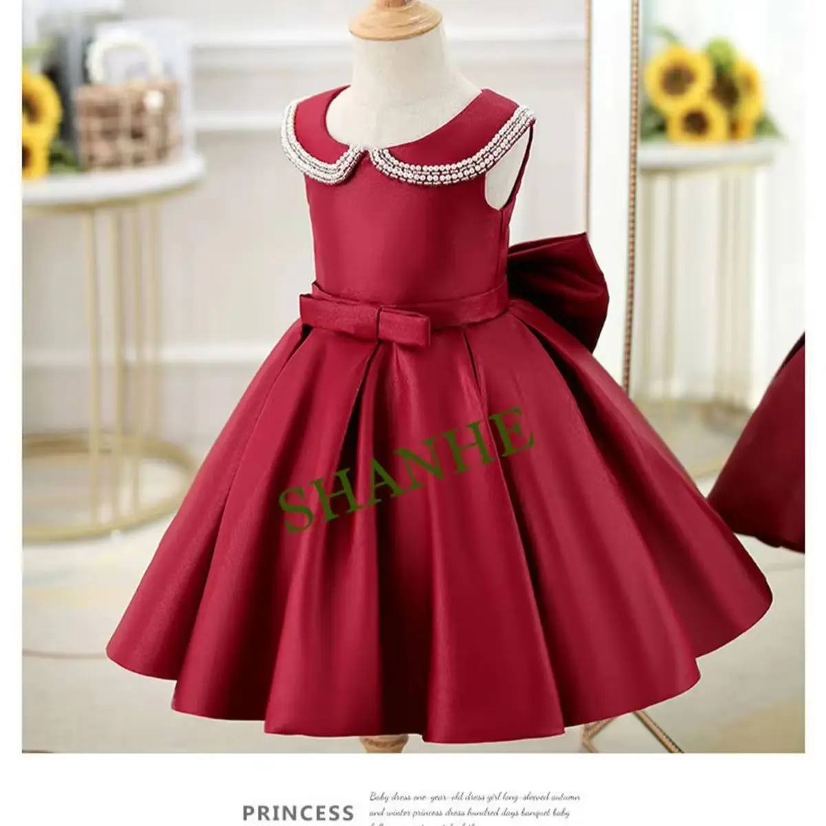 

CustomizedLuxurious Girls Princess wine red Pearl diamond Palace Dress Children Bow Wedding Gown baby infant Birthday Party Kids