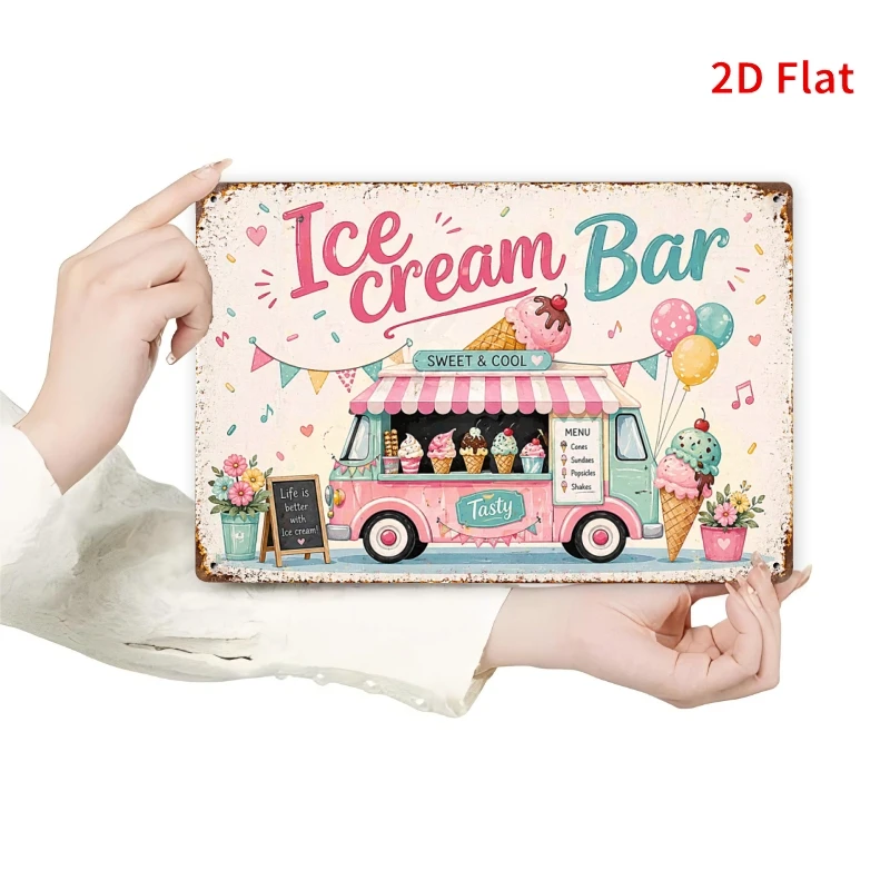 2D Flat, Decorative Sign 2D Flat, [2Dflat], 1pc 30x20cm- Ice Cream Bar Sweet Cool Tin Sign, Cute Ice Cream Truck Decorative Sign