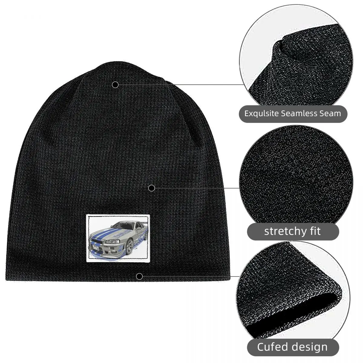 Fast And Furious Skyline Waffle Knit Fleece Lined Beanie with PU Leather Patch Unisex Warm Winter Soft Cap