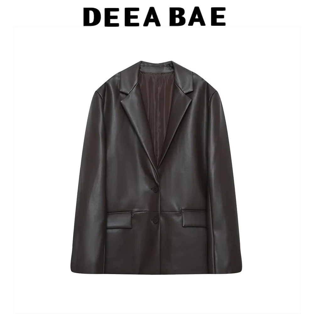 

DEEABAE Осенняя новая женская одежда из искусственной кожи, прямой кожный костюм с эффектом кожи, куртка, коричневый кожаный костюм