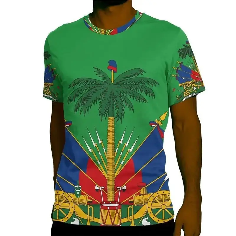 Men Haiti National Emblem Palm 3D Print T Shirt Crew Neck Short Sleeve Casual Streetwear Loose Fashion Daily Tees