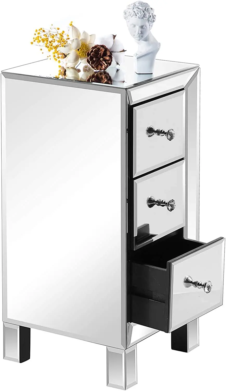 3-Drawer Mirrored Nightstand Set of 2 End Bedside Table Glass Bedroom Living Room Silver 11.7
