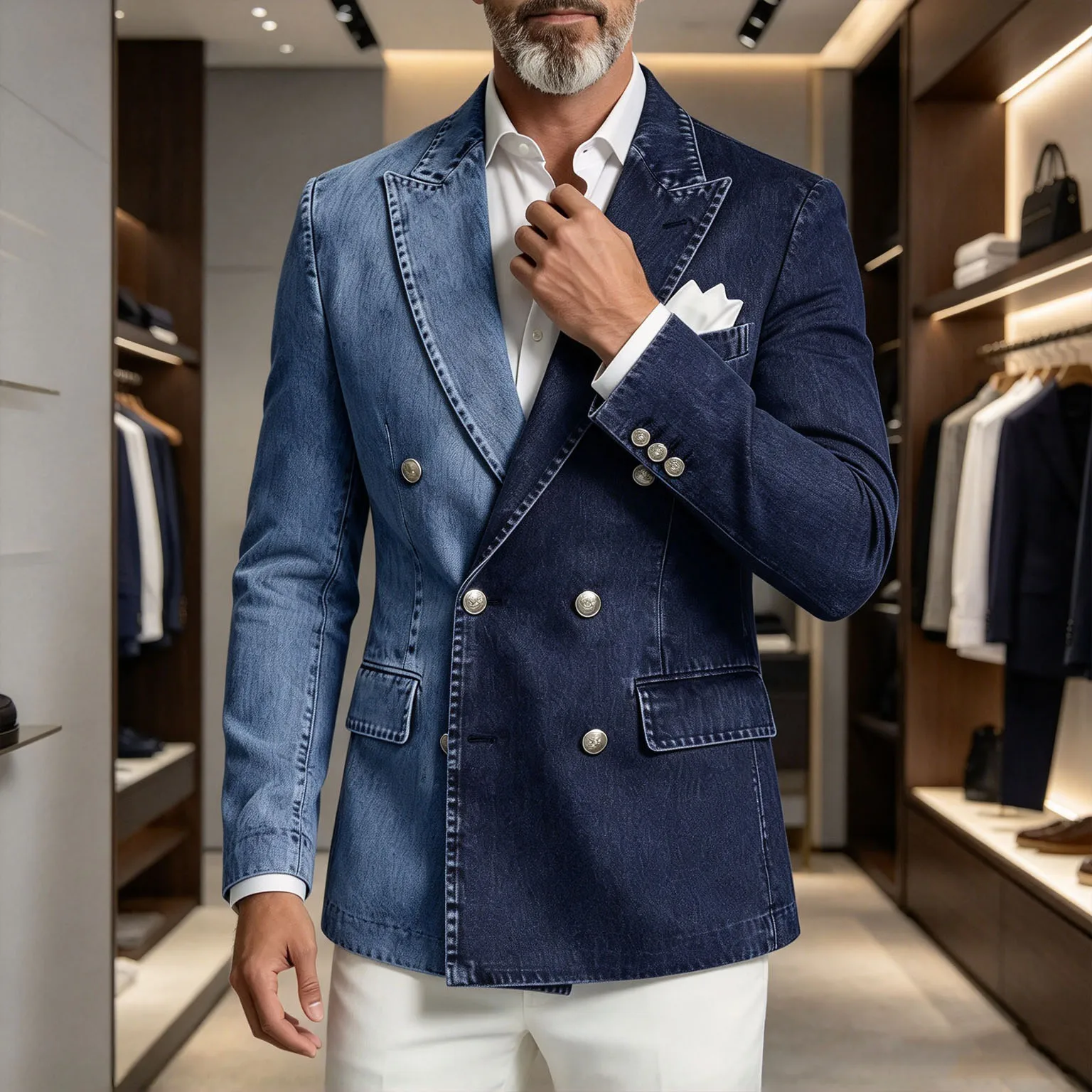 Men Spliced Denim Jacket Peak Lapel Double Breasted Slim Fit Casual Blazer Outing Date Night Trendy Party Fashion Costume Homme