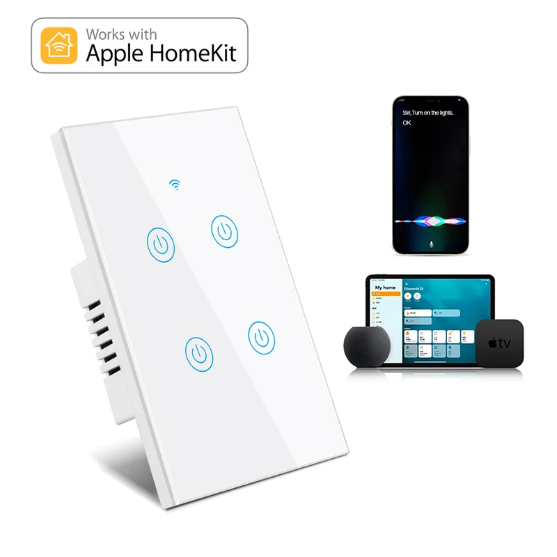 US Standard Homekit Smart Touch 4Gang Light Switch Home Automation APP Voice Remote Control By Google Assistant Alexa Apple Siri