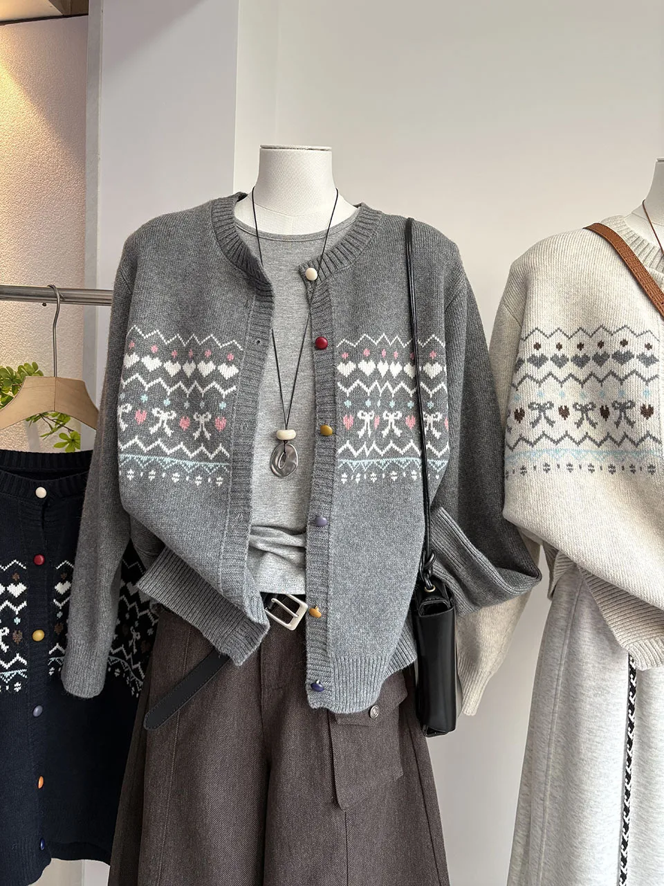 Heather Grey Fair Isle Jacquard Knit Cardigan For Women Vintage O-neck Loose Long Sleeve Warm Casual Autumn Winter Sweater Coat