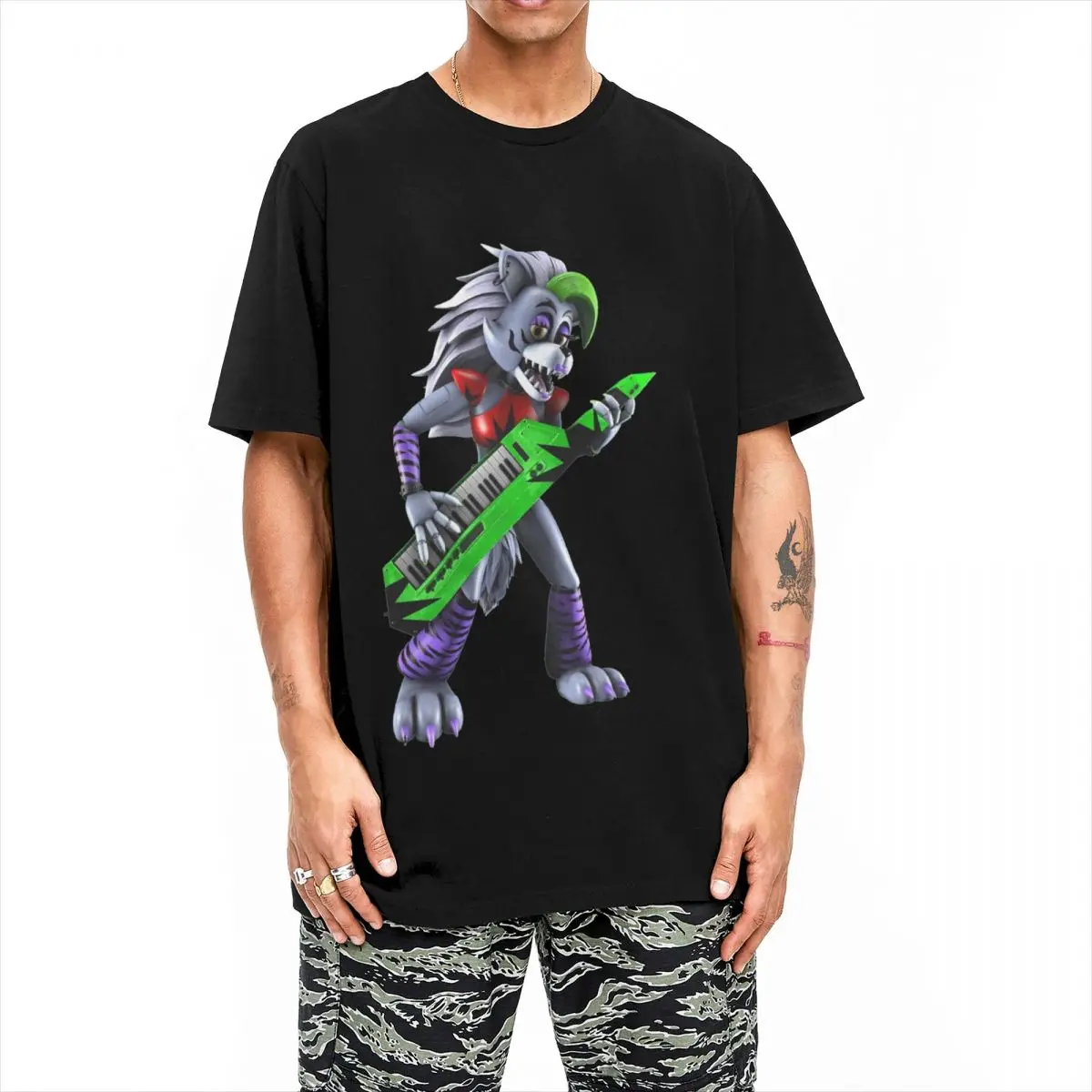 Roxanne Wolf Design T-Shirt Men Cotton Tops Shirts Retro FNAF Crewneck Short Sleeve