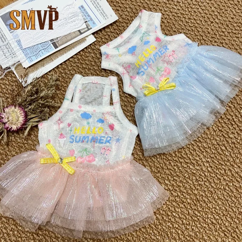 Cute Summer Pet Tulle Dress Spaghetti Strap Dog Cat Princess Dress Hello Summer Print Bow Decor Breathable Clothes for Pets