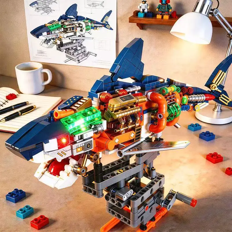 

2026 New Mechanical Sea Animals Building Blocks DIY Movable Whale Parrot Shark Piranha Creative Technical MOC Desktop Decor Gift