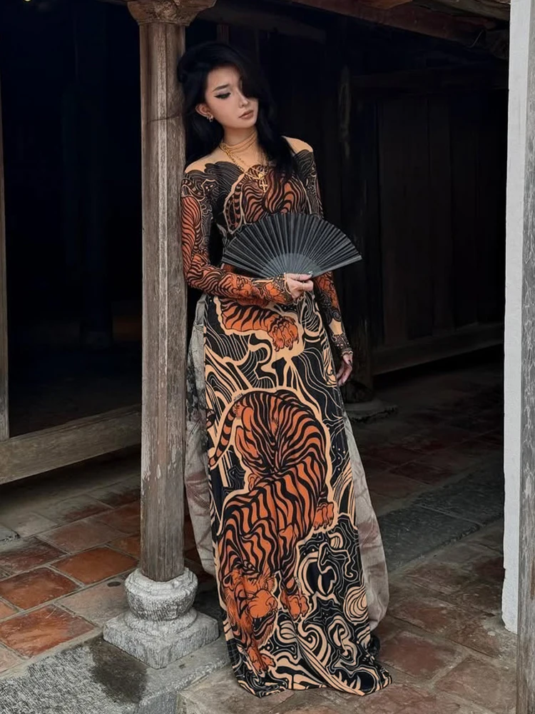 Kliou Vintage Folk พิมพ์ผู้หญิง Maxi เสื้อยืดแฟชั่นน่าสนใจแขนยาวแยกเสื้อยาวหญิงฤดูใบไม้ผลิใหม่ Tees