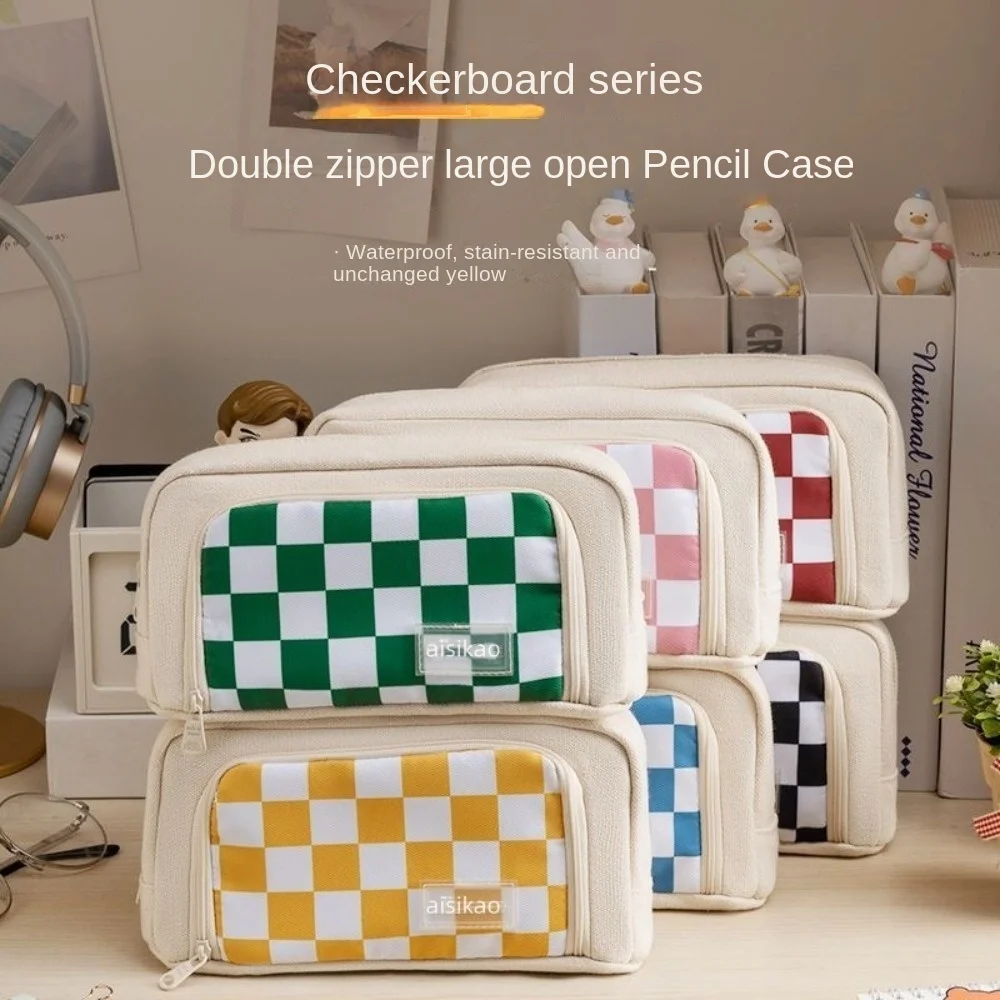 Large Capacity Checkerboard Pattern Pen Bag Waterproof Washable Lattice Pencil Bag Multifunctional Ins Checkerboard Pencil Cases