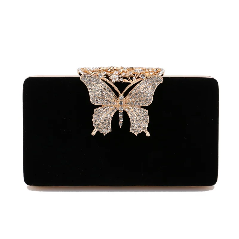 

New Arrival Velvet Women Day Clutch Rhinestones Metal Butterfly Luxury Evening Bags Shoulder Chain Handbags Purse